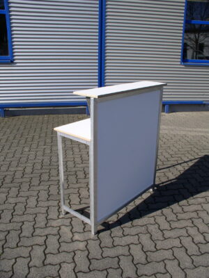 Mobile Stehtisch-Theke EKT-S 1 m in Weiß mit stabilem Aluminiumrahmen für Messen und Events
