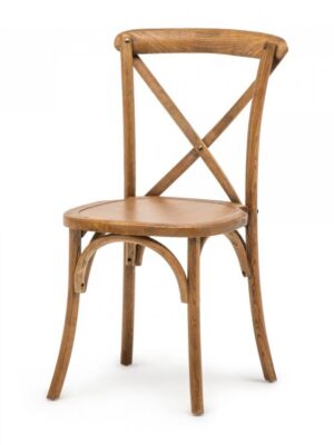 Crossback Wood Stuhl aus massivem Holz mit X-Rückenlehne im Vintage-Look – ideal für Events, Hochzeiten und Gastronomie.