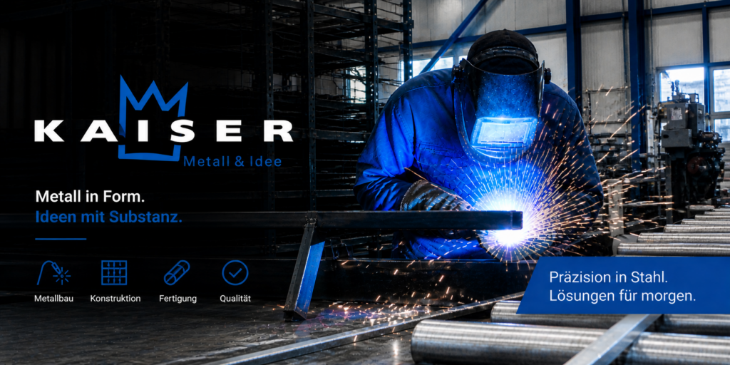 Industriearbeiter beim Schweißen von Stahlkonstruktionen in moderner Metallbau-Werkstatt mit Funkenflug
